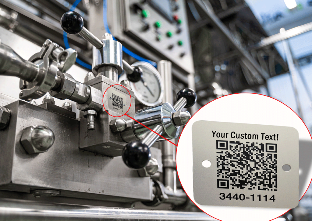 A metal barcode or QR Code tag is perfect for your industrial equipment, and is able to be customized at Roemer Industries. 
